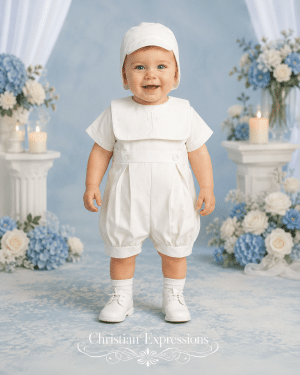 Boys Poly Cotton Christening Romper with Embroidered Cross