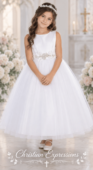 First Communion Dress Satin Bodice Rhinestone Belt
