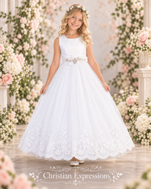 First Communion Dress Lace Hem Rhinestone Belt