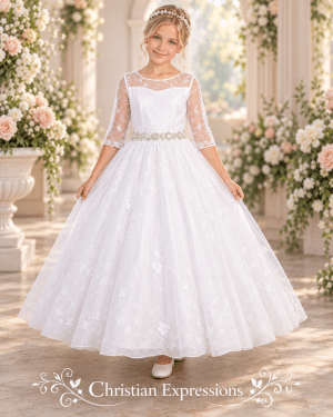 First Communion Dress Embroidered Organza with Sleeves