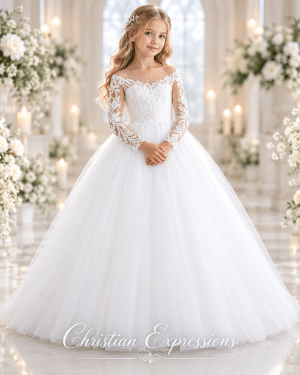 Long Sleeve Lace First Communion Gown with Lace Train