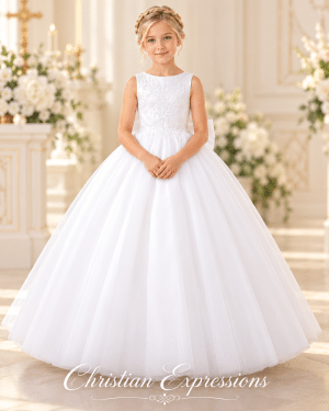 First Communion Gown with Floral Bodice and V Back