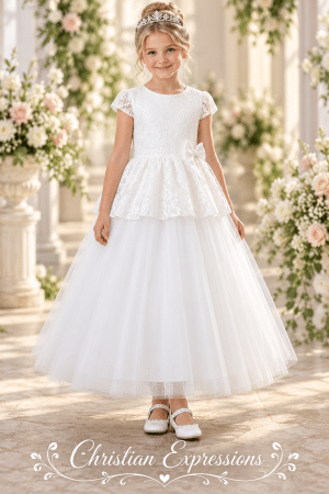 Girls White Lace & Mesh First Communion Dress with Bow