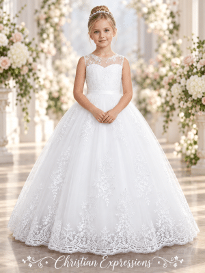Girls First Communion Dress – White Lace Appliqué & Tulle Ball Gown