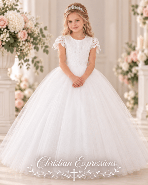 First Communion Gown with Floral Short Sleeves