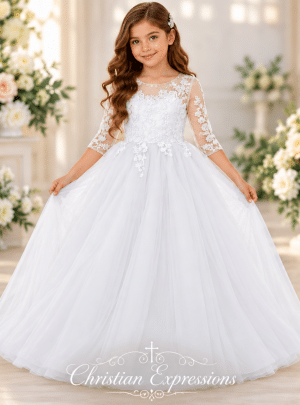 First Communion Gown with Lace Bodice and Sleeves and Flowing Skirt