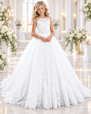 Gorgeous First Communion Gown with Rhinestones , Lace and Bows