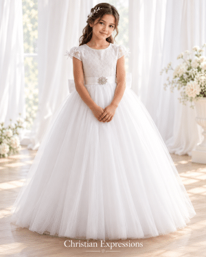 First Communion Dress with Lace Bodice and Rhinestone Brooch