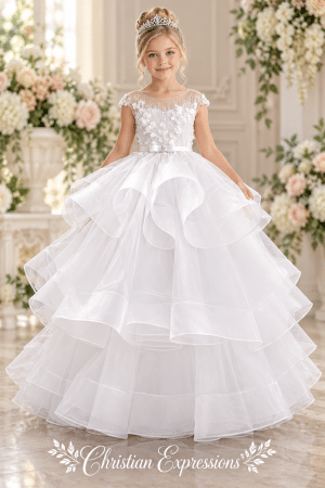 First Communion Dress – Floral Embroidery & Layered Mesh Princess Gown