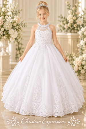 First Communion Dress – Halter Lace & Sequin Embroidery Tulle Ball Gown