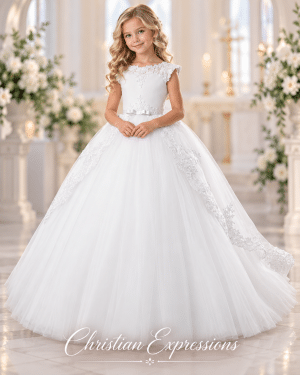 First Communion Dress –  Satin Bodice Lace Appliqué and Small Train