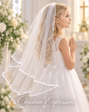 First Communion Two Tier White Long Veil with Satin Trim