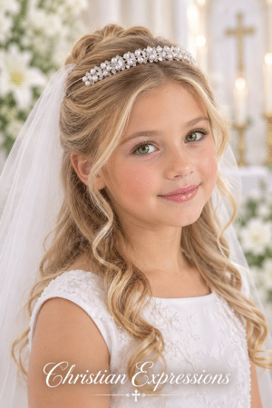 Dainty First Communion Tiara with Double Row of Pearls and Rhinestones