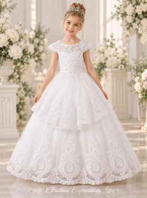 First Communion Dress – Lace Embroidery & Rhinestone Tulle Princess Gown