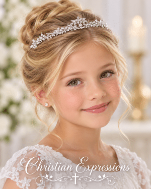 First Communion Tiara with Rhinestone Flowers and Leaves
