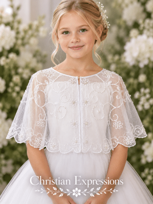 Scalloped Trim Embroidered First Communion Organza Cape