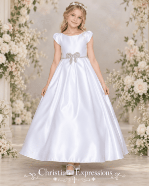 Girls First Communion Satin A-Line Dress with Rhinestone Bow Waist
