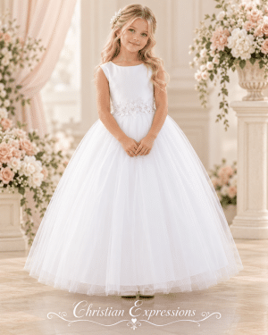 Girls First Communion Satin and Tulle with Floral Waist