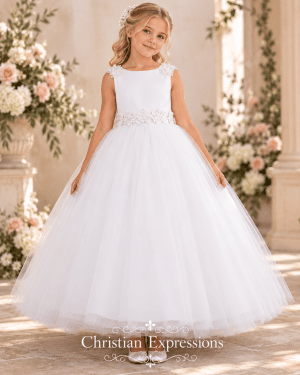 First Communion Dress with Floral V Neck Back