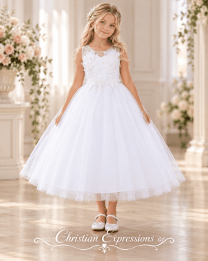 First Communion Dress with 3D Flowers and Sequins