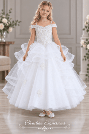 First Communion Dress with Beaded Bodice & Organza Layered Skirt