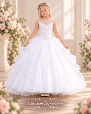 First Communion Dress with Beaded Bodice & Organza Ruffle Back Skirt