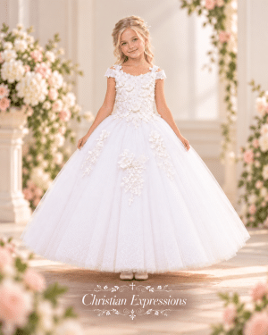 First Communion Dress with Glitter Tulle Skirt and 3D Flowers