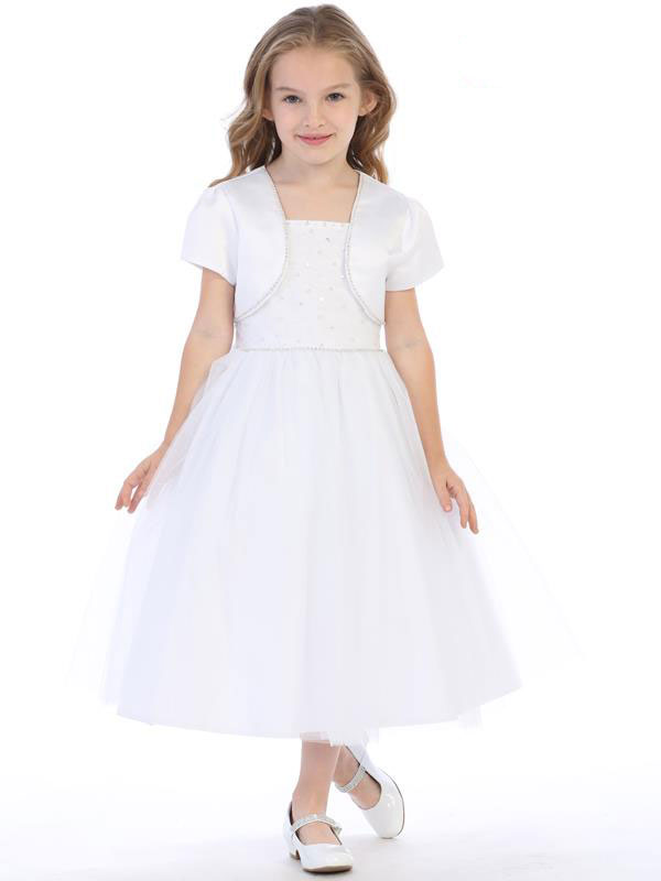 Long Floor Length Girls First Communion Dress w Bell Sleeve bolero Jacket size 10 Empire Waist A Line,Spaghtetti Adjustable White Satin