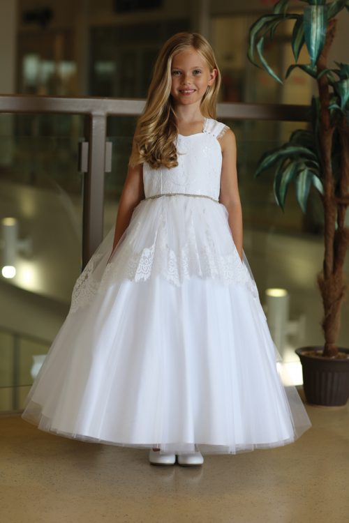 Organza First Communion dress with lace and satin banding | Lace First ...