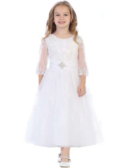 Embroidered Tulle First Communion Dress with Sleeves