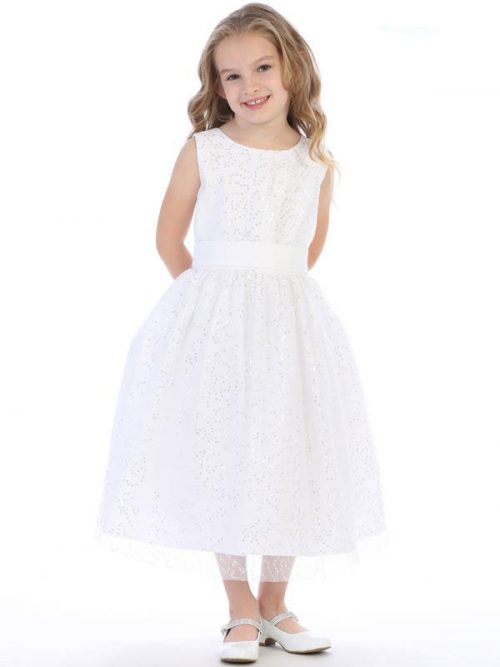 White First Communion Dress with Allover Sequins