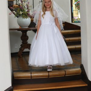 First Communion Dress with Handsewn Beads on Lace