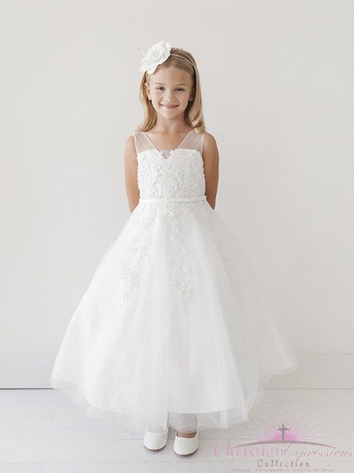 First Communion Dress with Lace Applique Bodice