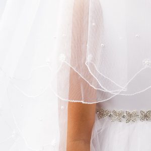 Scalloped Edge Communion Veil with Lace Flower and Pearl Beads