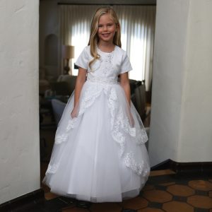 Girls Satin First Communion Dress with Lace Up Corset Back
