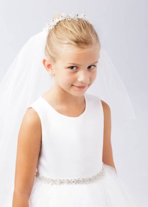 First Communion Bun Wrap Veil with Crystal Beading