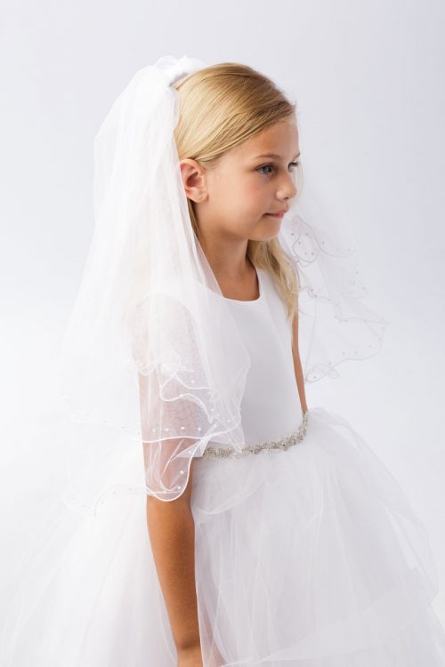First Communion Veil Pearl Accents Ruffled Edge