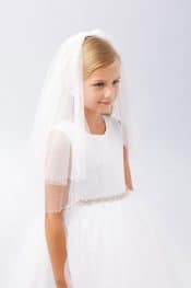 First Communion Veil with Clear Beaded Trim