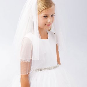 First Communion Veil with Clear Beaded Trim