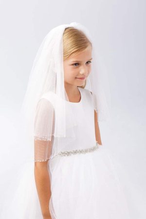First Communion Veil with Clear Beaded Trim