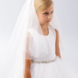 First Communion Veil with Lace Flower and Pearl Beads