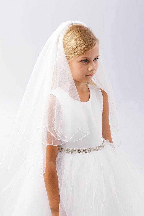 First Communion Veil with Lace Flower and Pearl Beads