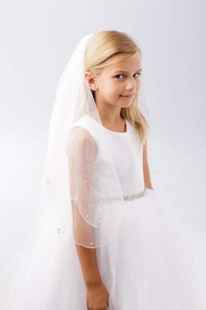 First Communion Veil with Pearl Drops Scalloped Edge