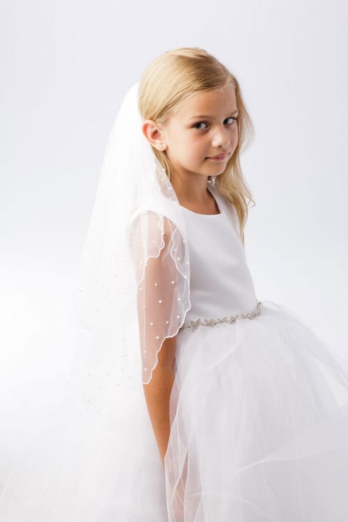 First Communion Veil with Pearls Scallop Edge