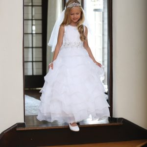Lace First Holy Communion Dress with Layered Organza Ruffles