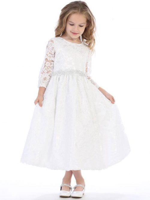 Long Sleeve Lace First Communion Dress with Silver Trim
