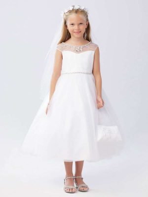 First Communion Dress with Crystal Beaded Neckline