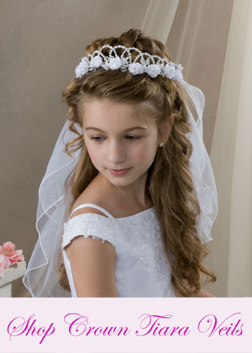 White Flower Pearl Crown Veil First Communion Flower Girl Accessories –  Sparkly Gowns