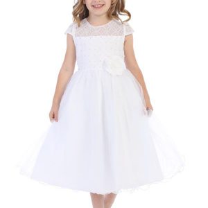 White First Communion Dress with Beaded Bodice