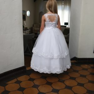 White Satin First Communion Dress with Lace Up Corset Back